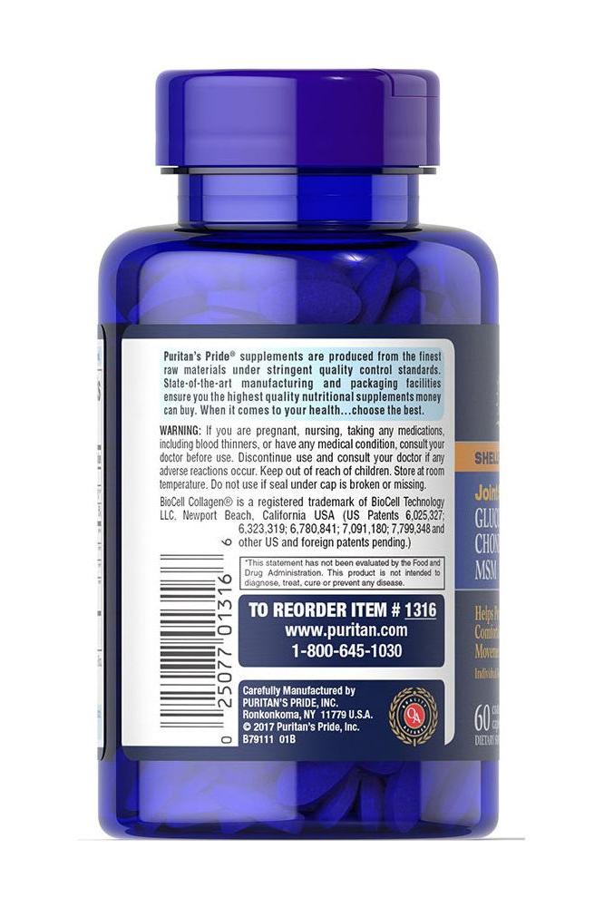 Puritan's Pride Joint Soother supplement bottle with Glucosamine, Chondroitin, MSM, and vitamins, 60 caplets.