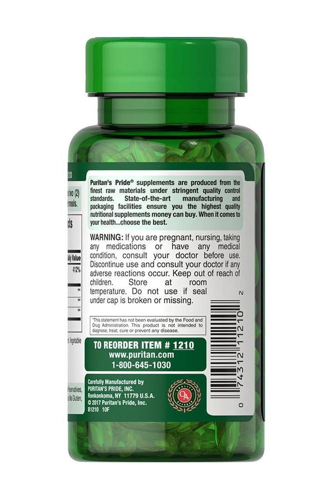 Puritan's Pride KLB6 Kelp Complex softgel bottle with green cap and labels detailing health benefits.