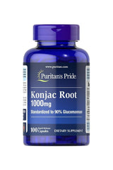 Puritan's Pride Konjac Root 1000mg dietary supplement, 100 rapid release capsules for weight loss and health benefits.