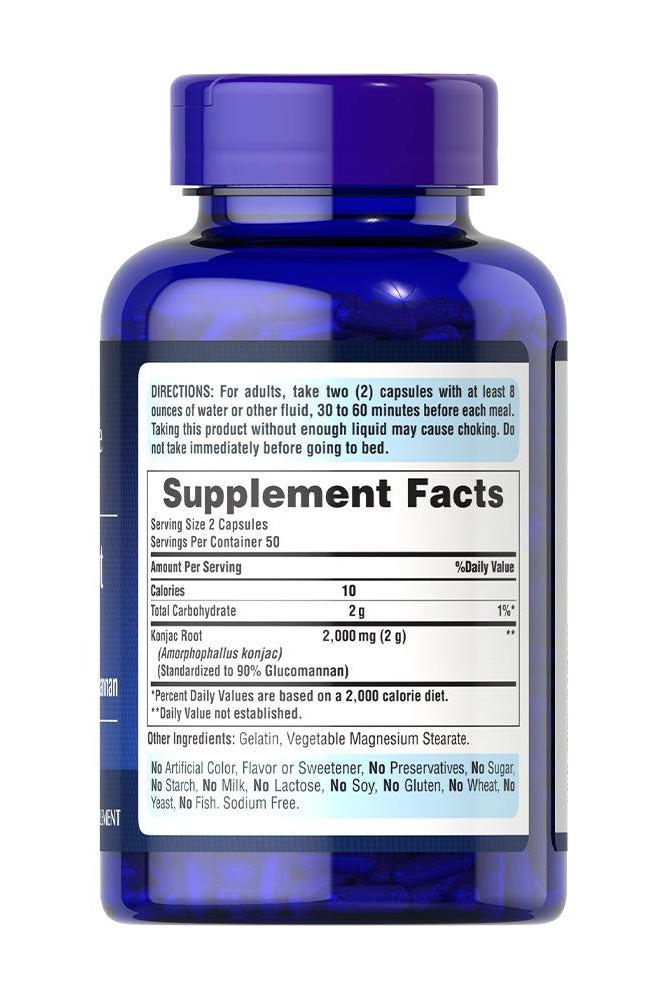 Puritan's Pride Konjac Root Glucomannan 1000 mg supplement facts, bottle showing serving details and nutritional information.