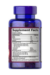 Supplement facts label for Puritan's Pride Krill Oil Plus, highlighting Omega-3 and heart health benefits.