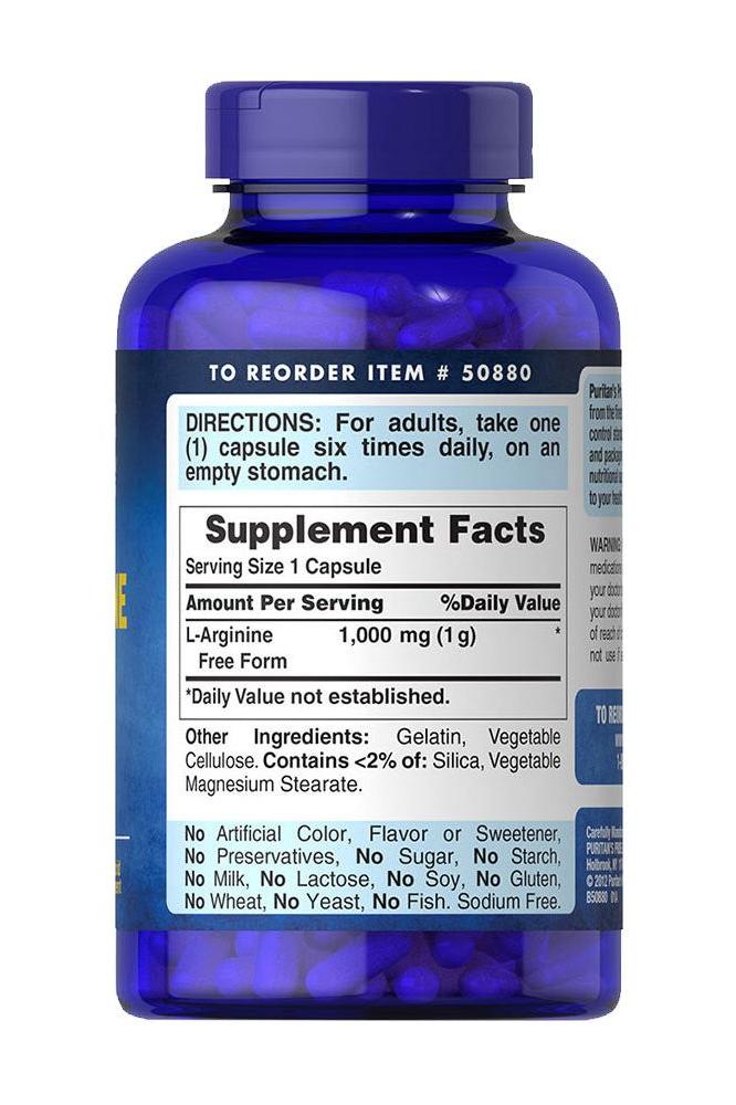 Puritan's Pride L-Arginine 1000 mg capsules supplement facts label with dosage instructions.