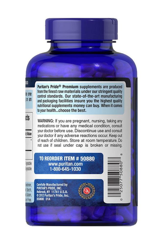 Puritan's Pride L-Arginine 1000 mg supplement bottle with warning label and contact info on back.