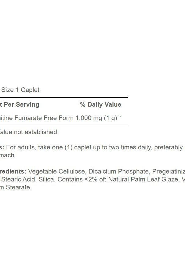 Nutrition label for Puritan's Pride L-Carnitine Fumarate 1000 mg caplets detailing ingredients and serving size.