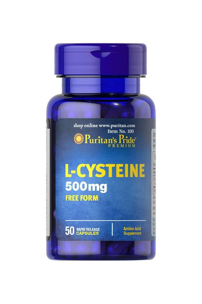 Puritan's Pride L-Cysteine 500 mg supplement bottle with 50 capsules for healthy skin, hair, and nails.