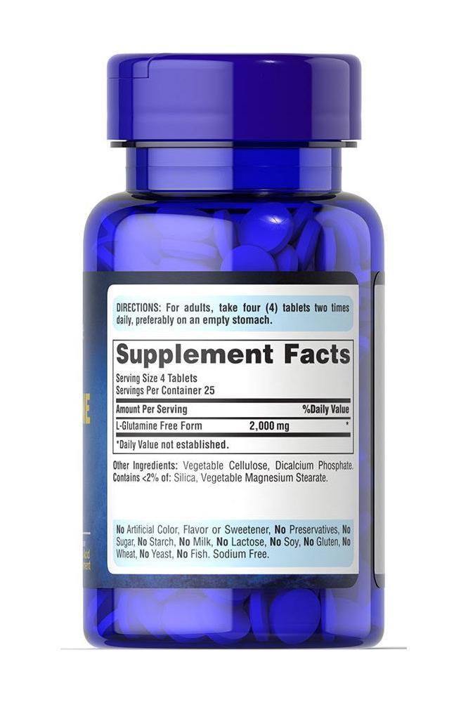 Puritan's Pride L-Glutamine 500 mg supplement bottle with dosage instructions and facts