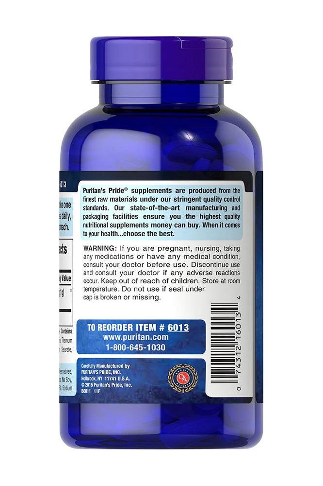 Puritan's Pride L-Lysine 1000 mg supplement bottle back view with instructions and warnings.
