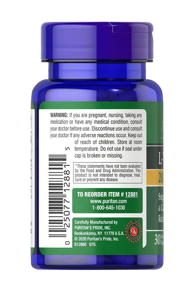 Puritan's Pride L-Theanine 200 mg supplement bottle with warning label and dosage information.