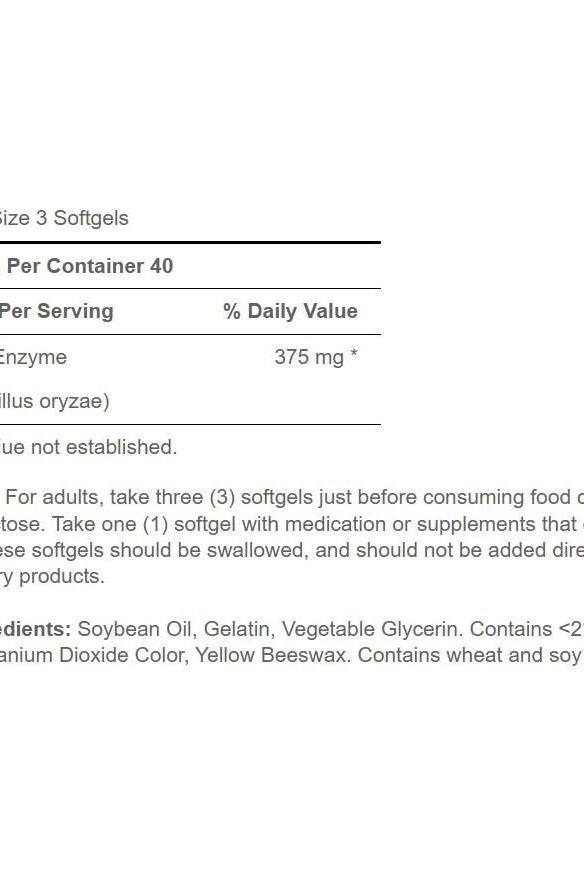 Supplement facts label for Puritan's Pride Lactase Enzyme, showing dosage and ingredient information.