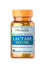Puritan's Pride Lactase Enzyme 125 mg 120 Softgels supports digestive health, aids in milk digestion, dairy digestant.