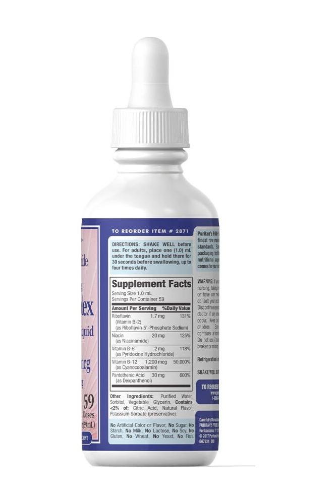 Puritan's Pride Liquid Vitamin B Complex Sublingual 59 ml bottle with supplement facts.