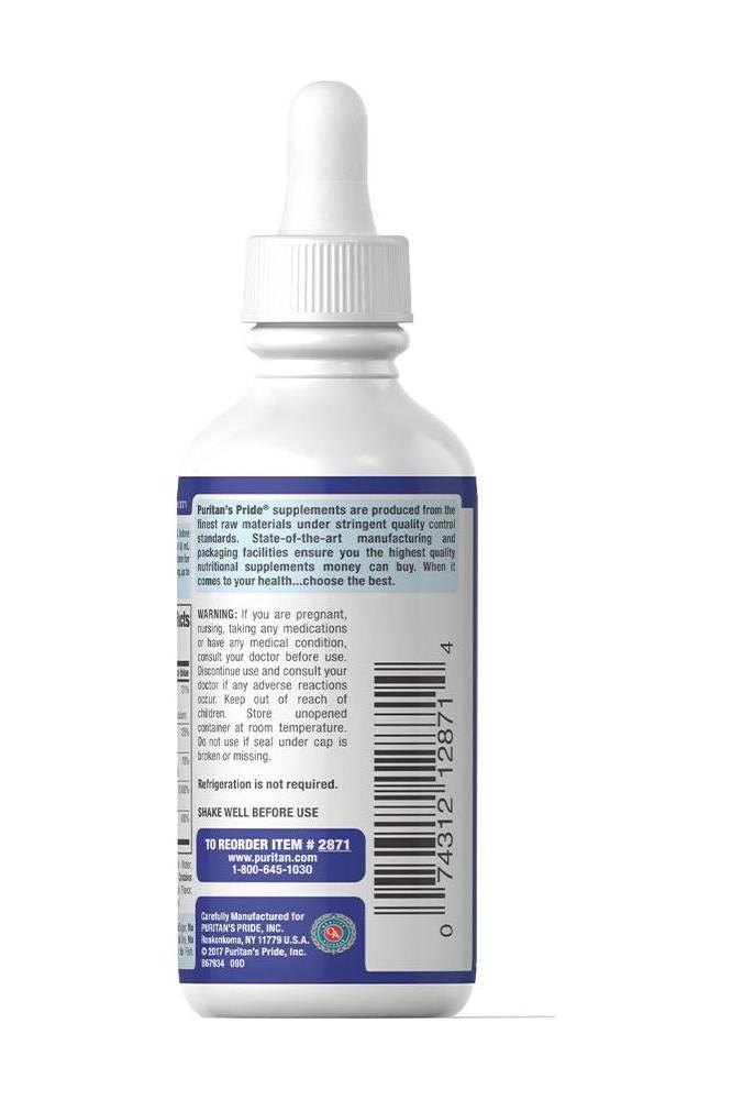 Back view of Puritan's Pride Liquid Vitamin B Complex bottle with dosage instructions and ingredient details.