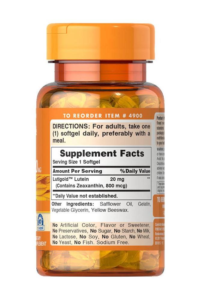 Puritan's Pride Lutein 20 mg with Zeaxanthin softgel bottle, supports eye health and vision.