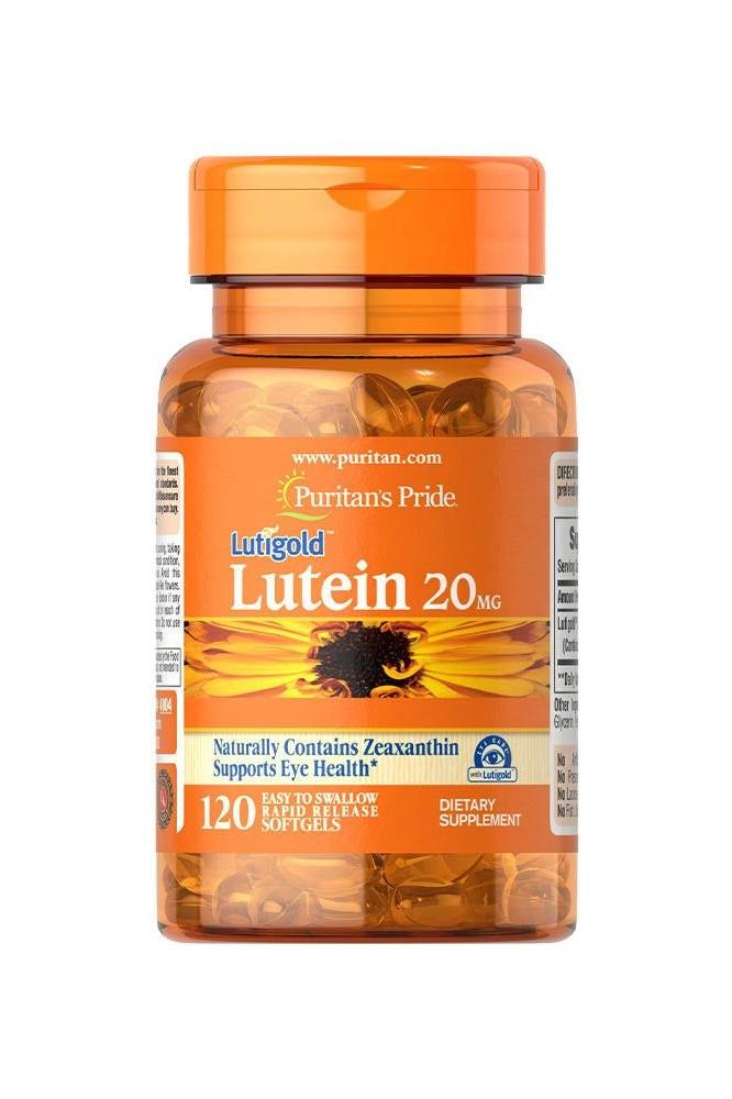 Puritan's Pride Lutein 20 mg softgels bottle, supports eye health and contains zeaxanthin, 120 capsules.