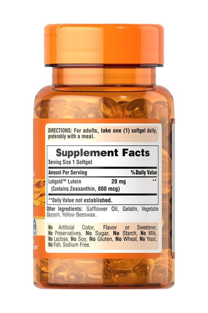 Puritan's Pride Lutein 20 mg with Zeaxanthin softgel bottle with supplement facts label