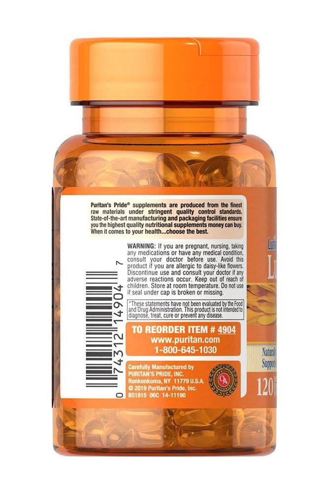 Puritan's Pride Lutein 20 mg with Zeaxanthin softgels in orange bottle for eye health support.