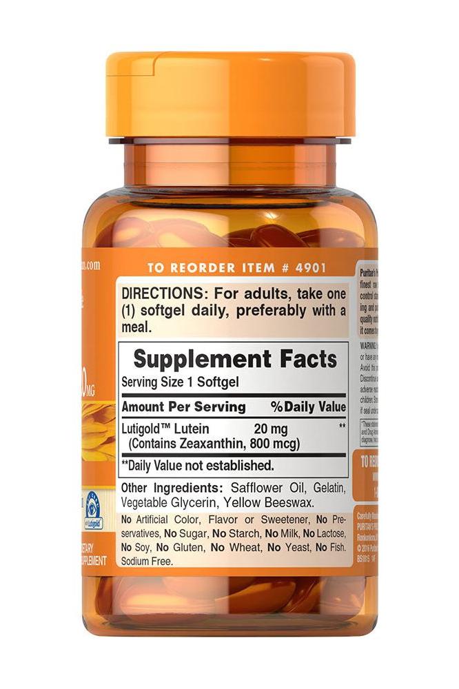 Puritan's Pride Lutein 20MG dietary supplement bottle with zeaxanthin for eye health and night vision support.