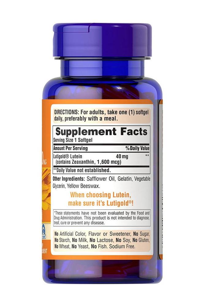 Puritan's Pride Lutein 40 mg softgel bottle with supplement facts label and dosage instructions.