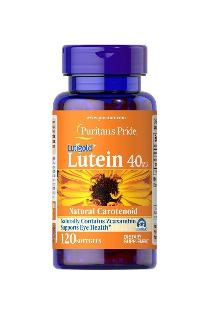 Puritan's Pride Lutein 40 mg supplement bottle with Zeaxanthin for eye health support, 120 softgels