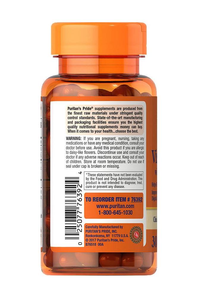 Puritan's Pride Lutein Blue Light Vision Guard softgel bottle side view with product details and dosage information.