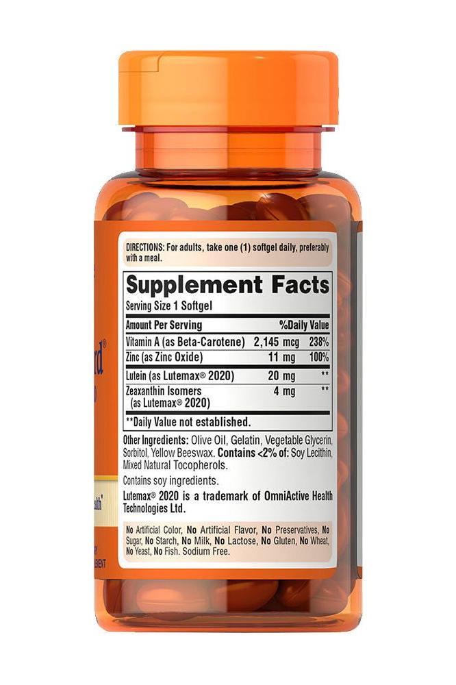 Supplement facts label on Puritan's Pride Lutein Blue Light Vision Guard softgels bottle with nutritional information.