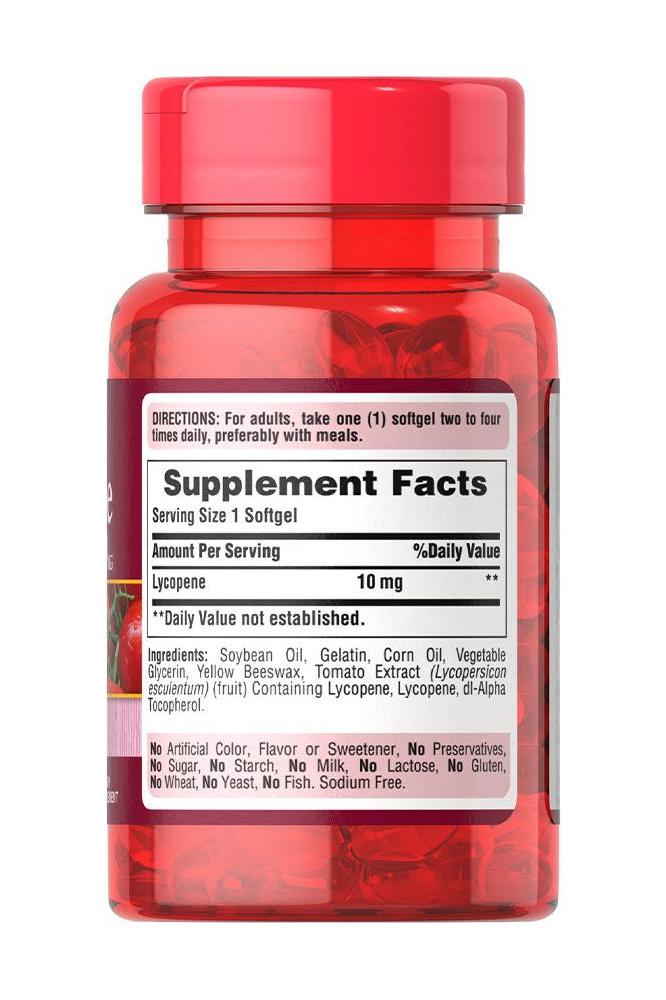 Puritan's Pride Lycopene 10 mg supplement bottle showcasing supplement facts and directions for use.
