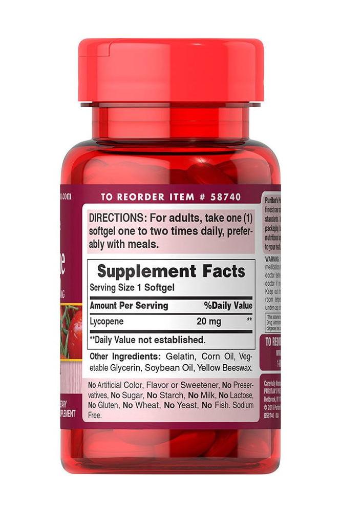 Puritan's Pride Lycopene 20 mg softgels bottle with supplement facts and directions for use.