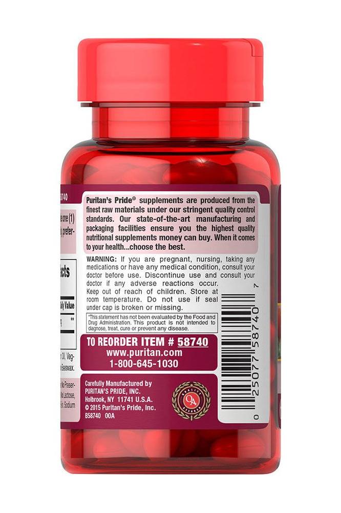 Puritan's Pride Lycopene 20 mg softgels bottle showing nutritional information and warnings.