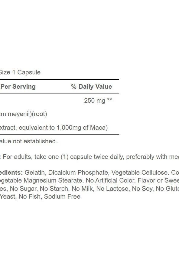 Supplement facts for Puritan's Pride Maca 1000 mg, showing ingredients and serving details.