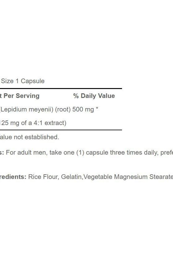 Supplement facts label for Puritan's Pride Maca 500MG capsules displaying ingredients and dosage information.