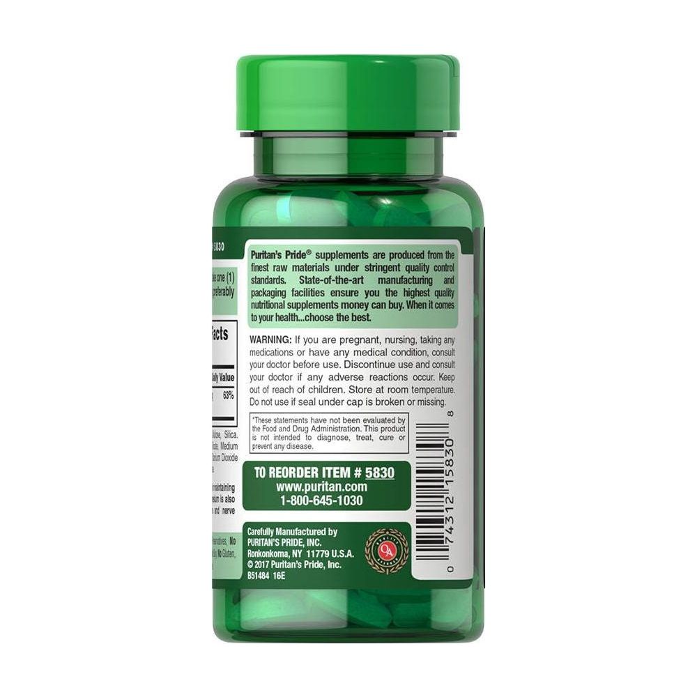 Puritan's Pride Magnesium 250 mg caplet bottle, label showing ingredients and usage instructions.