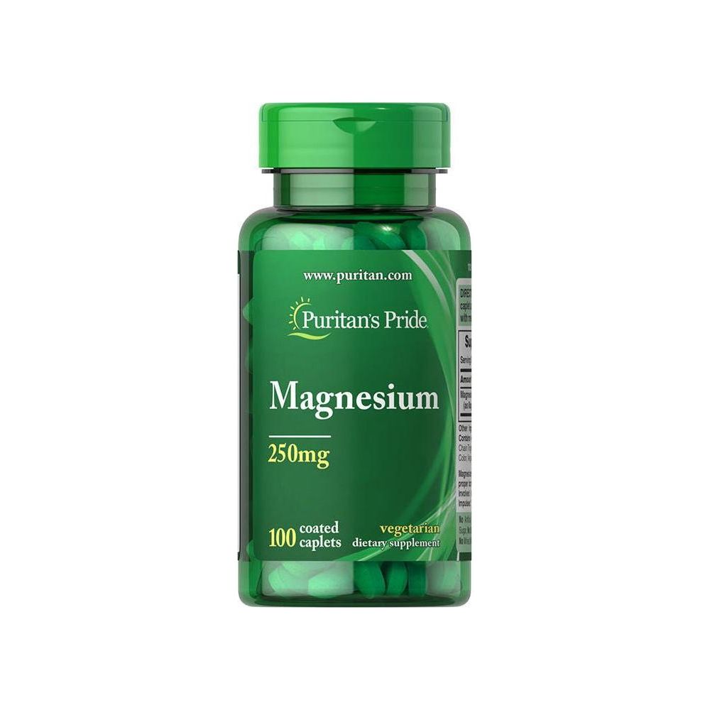 Puritan's Pride Magnesium 250 mg supplement bottle with 100 caplets for bone health support.