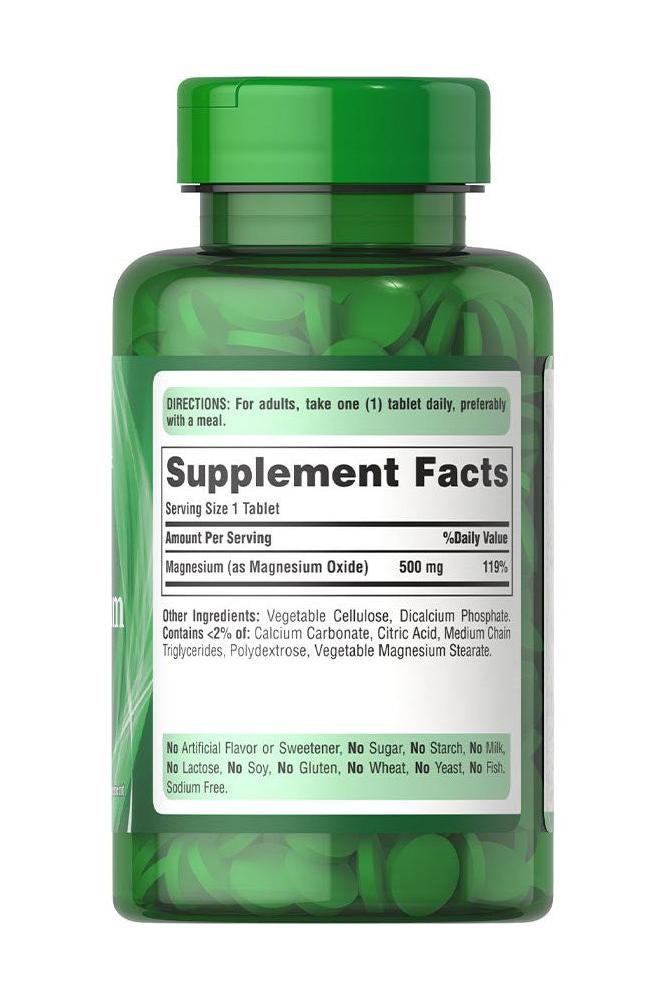 Puritan's Pride Magnesium 500 mg supplement bottle, 100 tablets with nutrition facts on label.