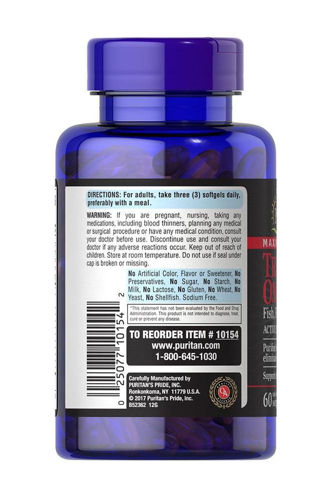 Puritan's Pride Maximum Strength Omega 3-6-9 Fish Oil softgels bottle, 60 count, with directions and warnings.