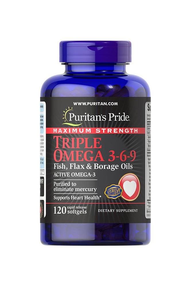 Puritan's Pride Maximum Strength Triple Omega 3-6-9 softgels for heart, joint, and skin health, 120 count.
