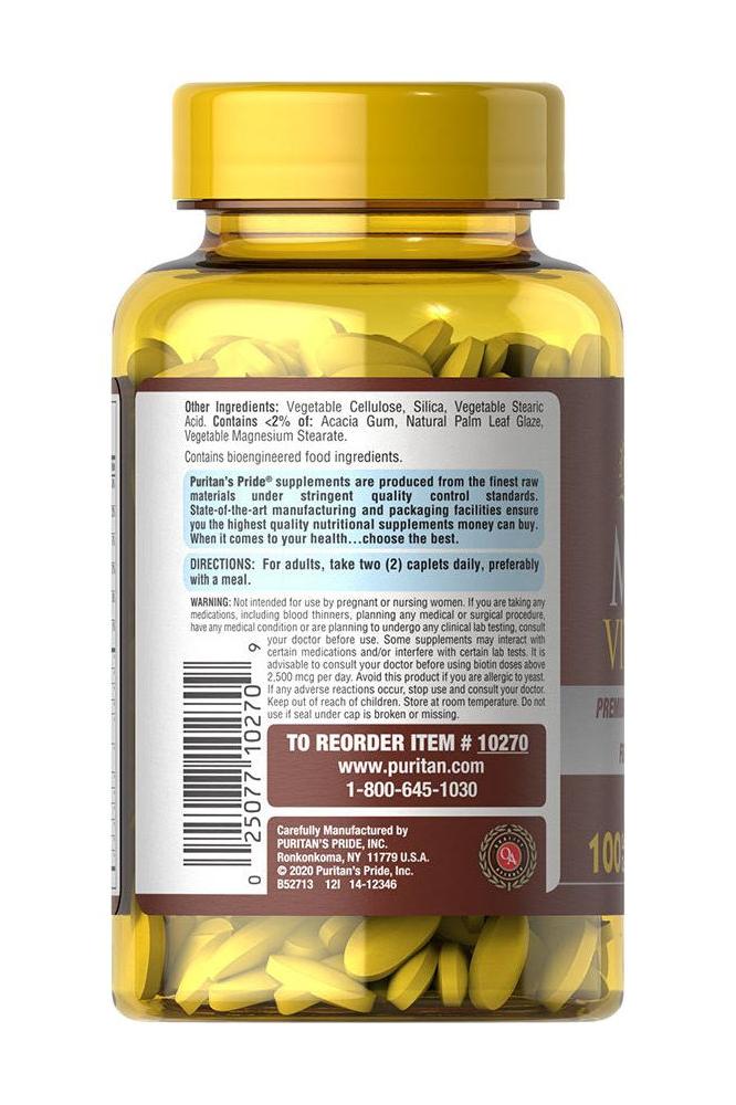 Puritan's Pride Mega VitaMin Multivitamin for Seniors, 100 caplets in a yellow bottle, back view showcasing ingredients.
