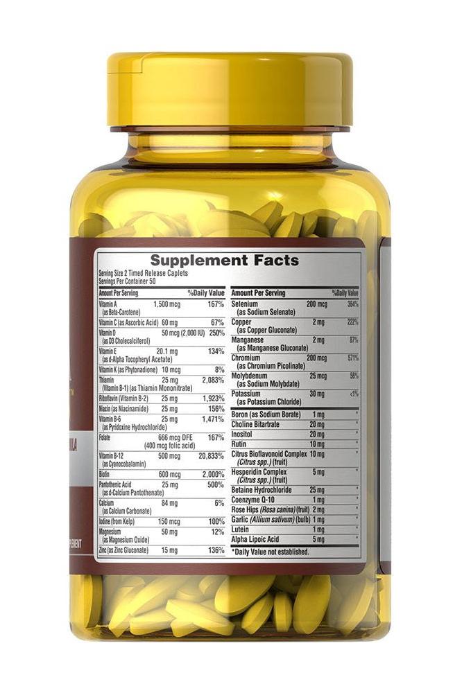Bottle of Puritan's Pride Mega VitaMin Multivitamin for Seniors with supplement facts label.
