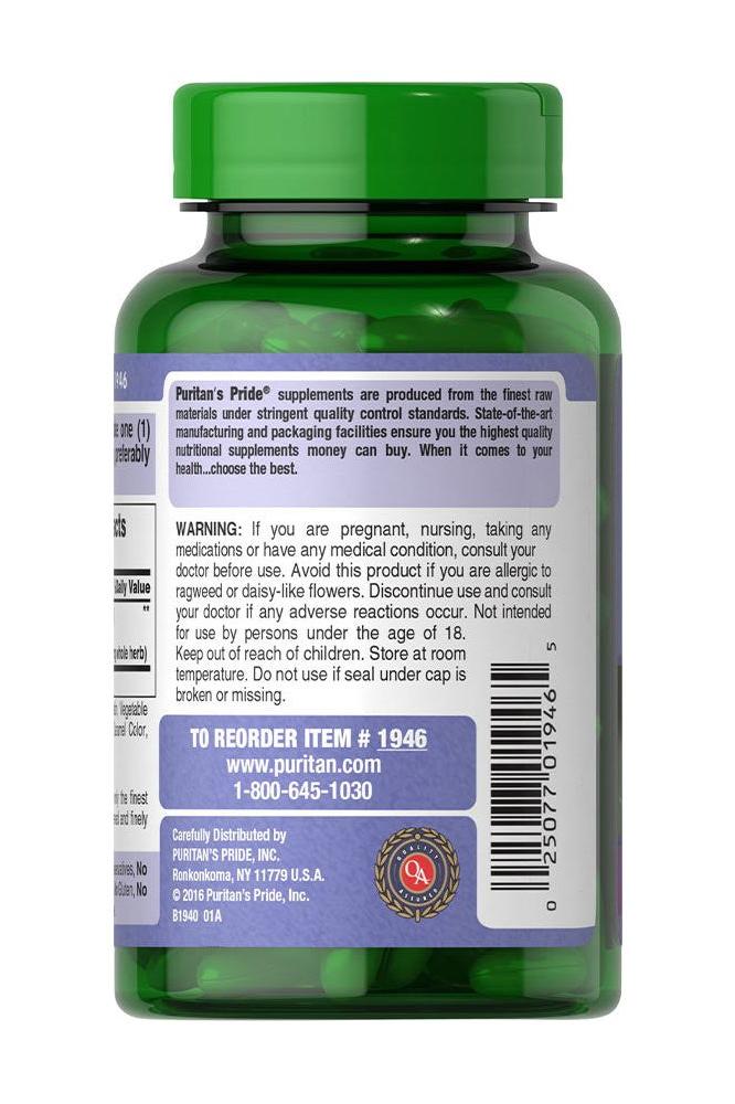 Puritan's Pride Milk Thistle 1000 mg supplement bottle with detailed precautionary label.