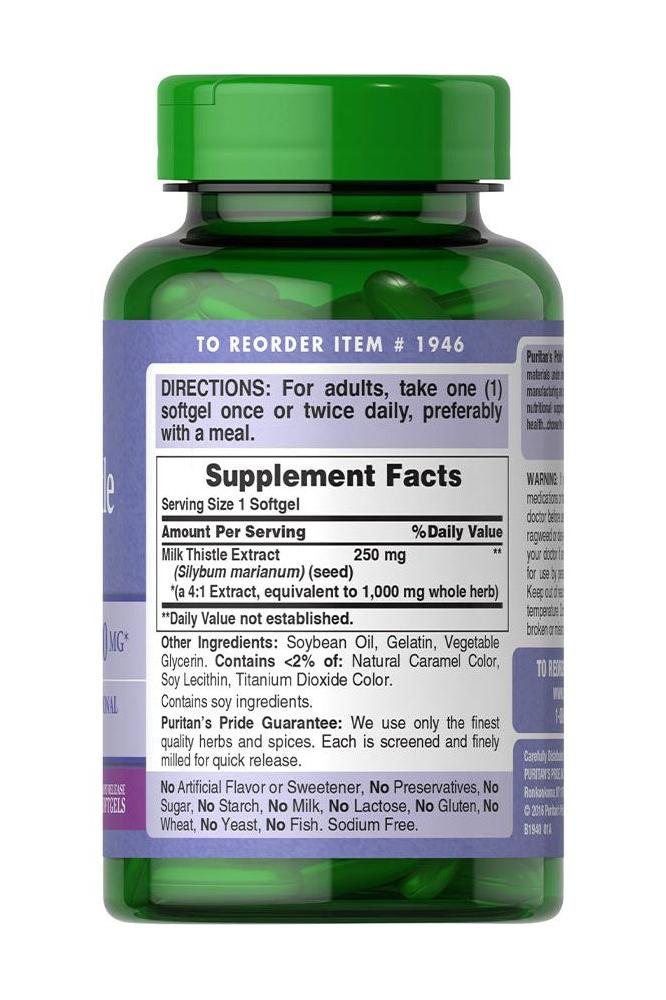 Puritan's Pride Milk Thistle 4:1 Extract 1000 mg supplement bottle with dosage instructions and supplement facts on label.
