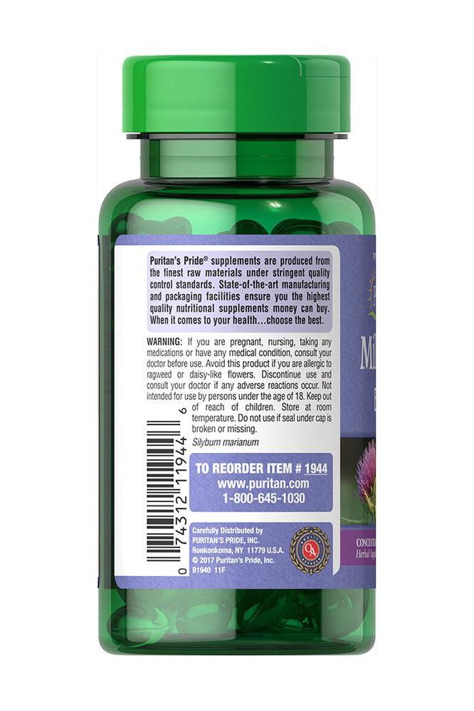 Puritan's Pride Milk Thistle 4:1 Extract, 1000 mg supplement bottle, promoting liver health and detoxification.
