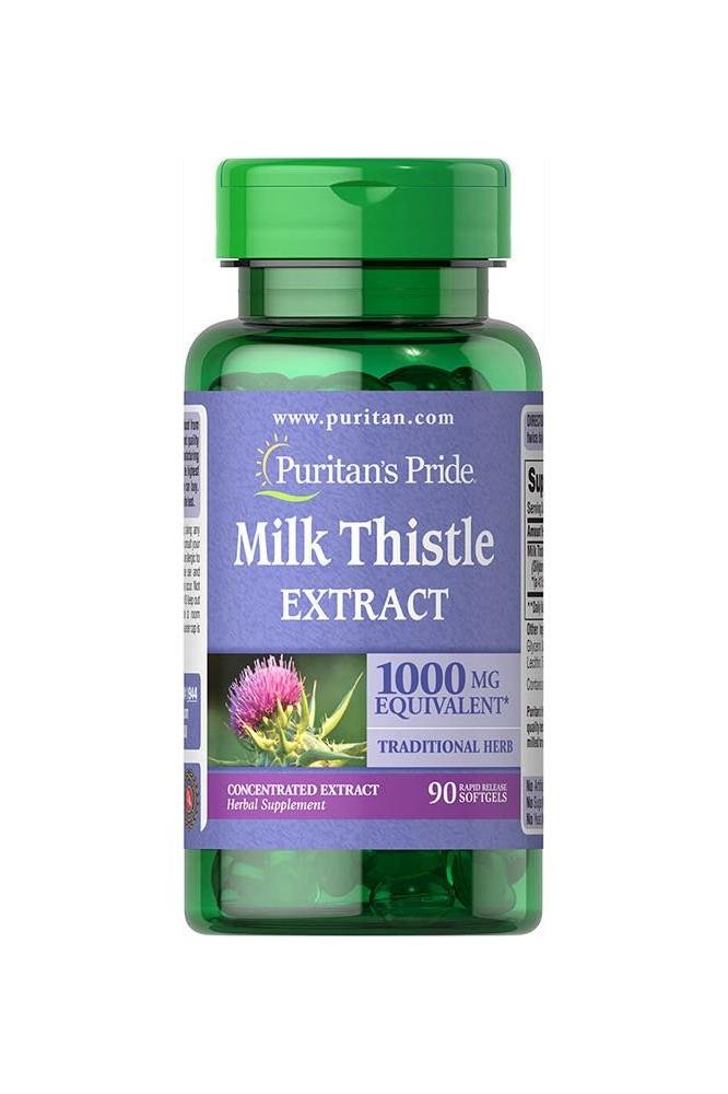 Puritan's Pride Milk Thistle 4:1 Extract 1000 mg dietary supplement bottle with 90 softgels.