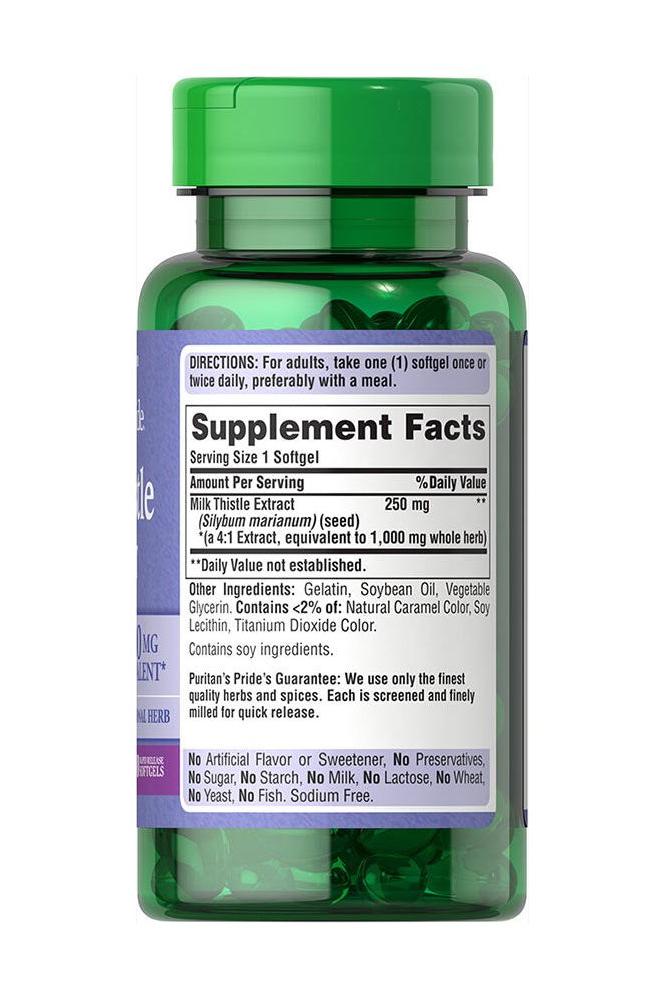 Puritan's Pride Milk Thistle 4:1 Extract 1000 mg supplement bottle with facts label