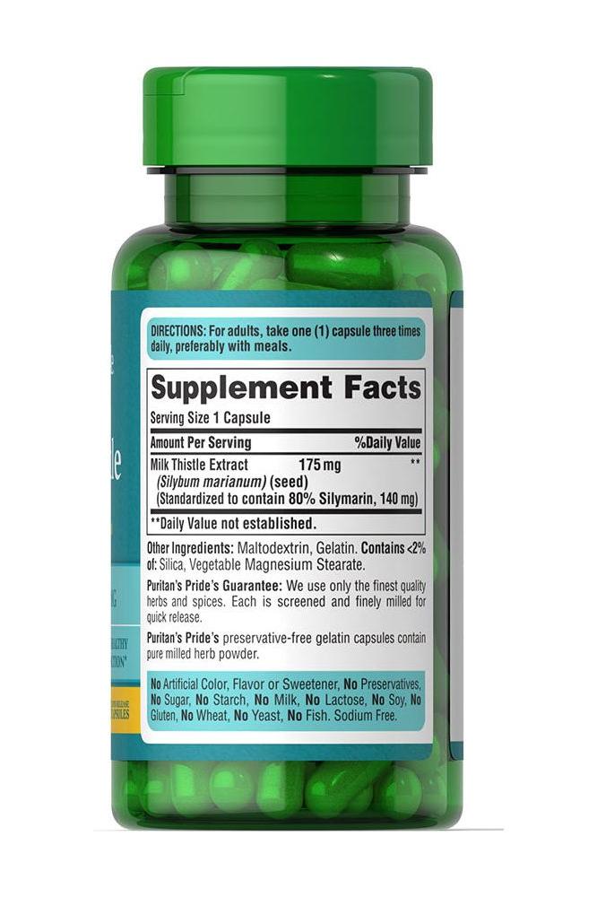 Puritan's Pride Milk Thistle 175 mg supplement bottle with dosage instructions and ingredient list.