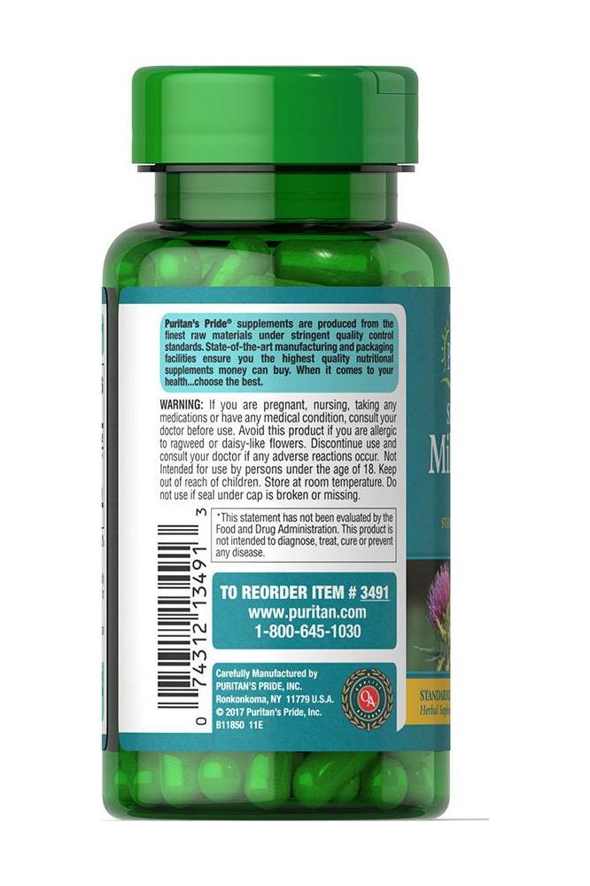 Puritan's Pride Milk Thistle 175 mg capsules bottle, supports liver function and contains no artificial additives.