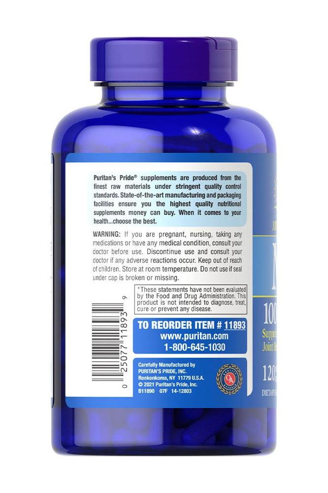 Puritan's Pride MSM 1000 mg bottle back view showcasing ingredients and warnings on 120 capsules.