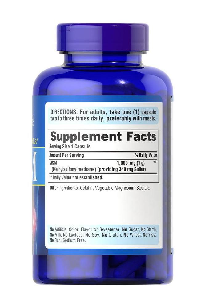 Puritan's Pride MSM 1000 mg capsules bottle with supplement facts and usage directions.