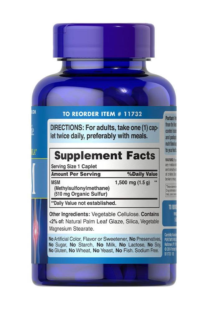 Puritan's Pride MSM 1500 mg supplement facts on blue bottle, featuring dosage and ingredient details.
