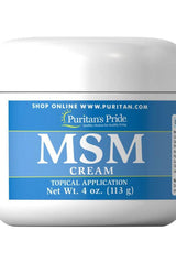 Puritan's Pride MSM Cream 4 fl. oz. jar for topical application, enriched with nutrients and antioxidants.