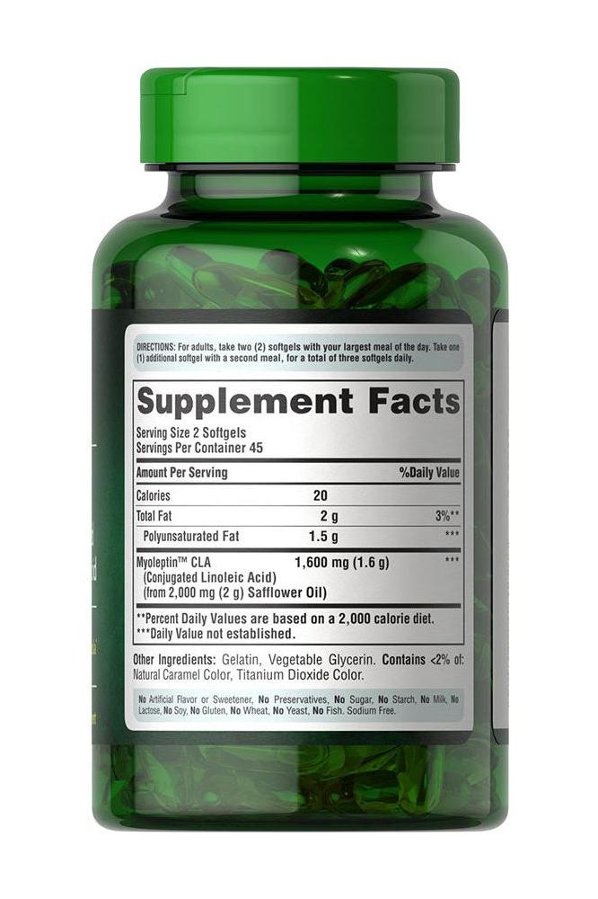 Puritan's Pride Myo-Leptin CLA 1000 mg supplement facts label with softgel details.