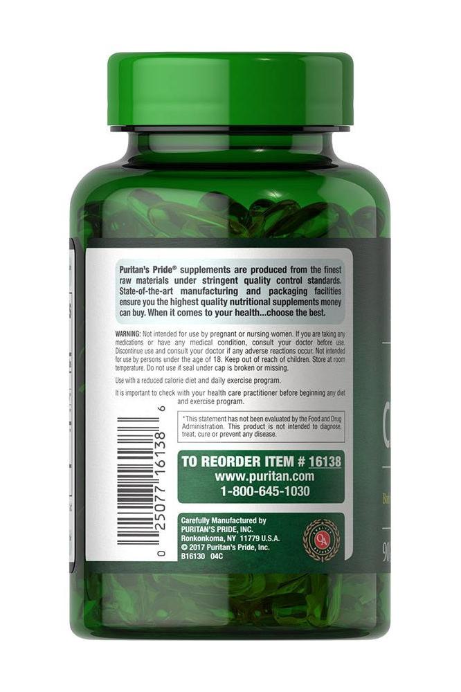 Puritan's Pride Myo-Leptin CLA 1000 mg softgel bottle with label information on the back, 90 count.